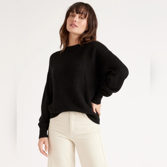 Quince Sweaters - NWT Quince Baby Alpaca-Wool Diamond Stitch Crew Black Sz XS